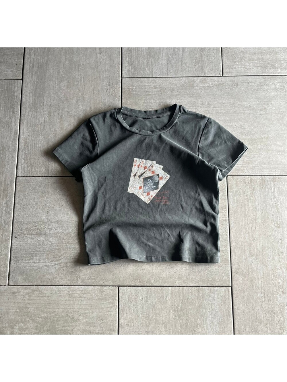 Black Graphic T-Shirt with Playing Cards Design Size XS